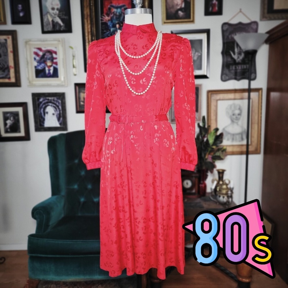 Vintage 80s CARON PETITE CHICAGO Red Dress w/ Belt